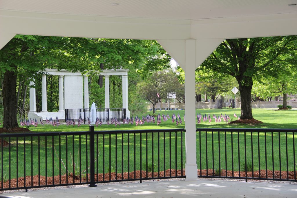 Memorial Day flags by fountain